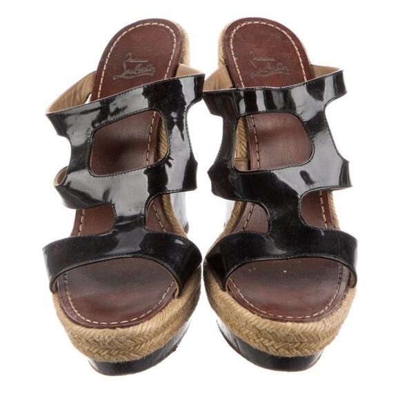 AUTH Christian Louboutin Jute Wedge Sole Black Strappy Patent Leather IT 39/US 9 - Picture 3 of 6